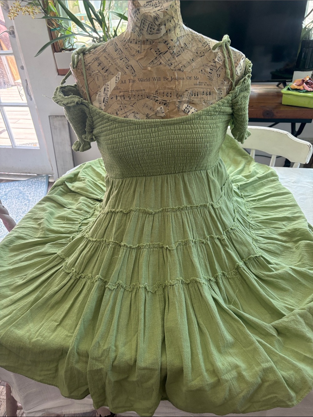 Free People Light Sage Green Smocked Tiered Midi Dress